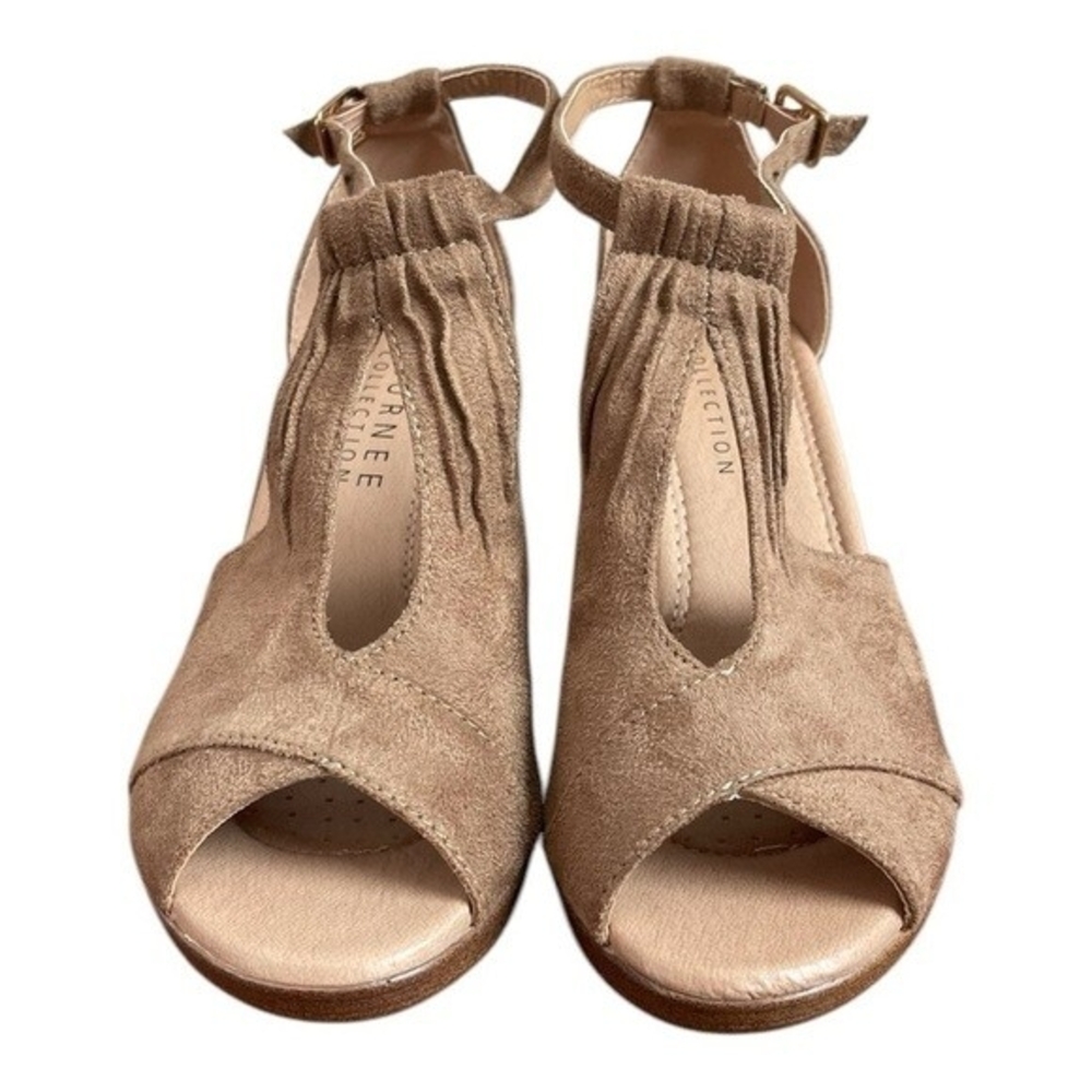 Journee Collection Kedzie Gold Tan Faux Suede Wedge Sandals Women’s Size 7 NWOB - Picture 4 of 9